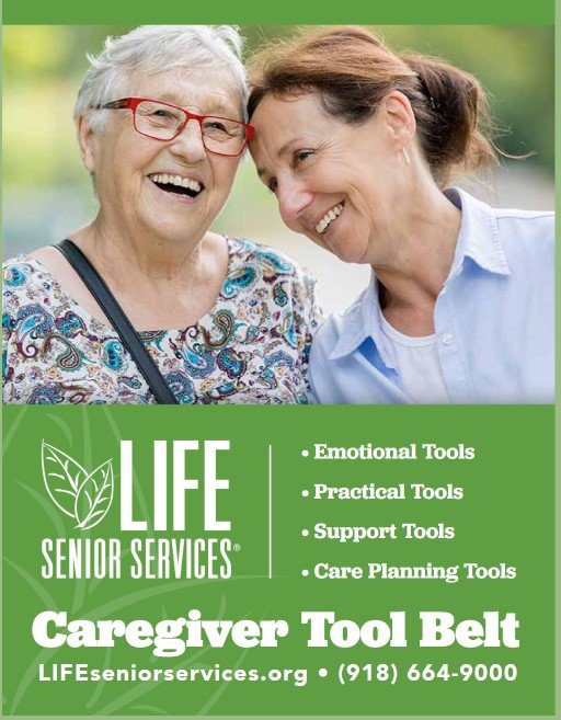 Two women smiling and leaning their foreheads together outdoors, one appears to be an elderly woman with glasses, and the other a middle-aged woman. The image promotes senior caregiver tools and services.