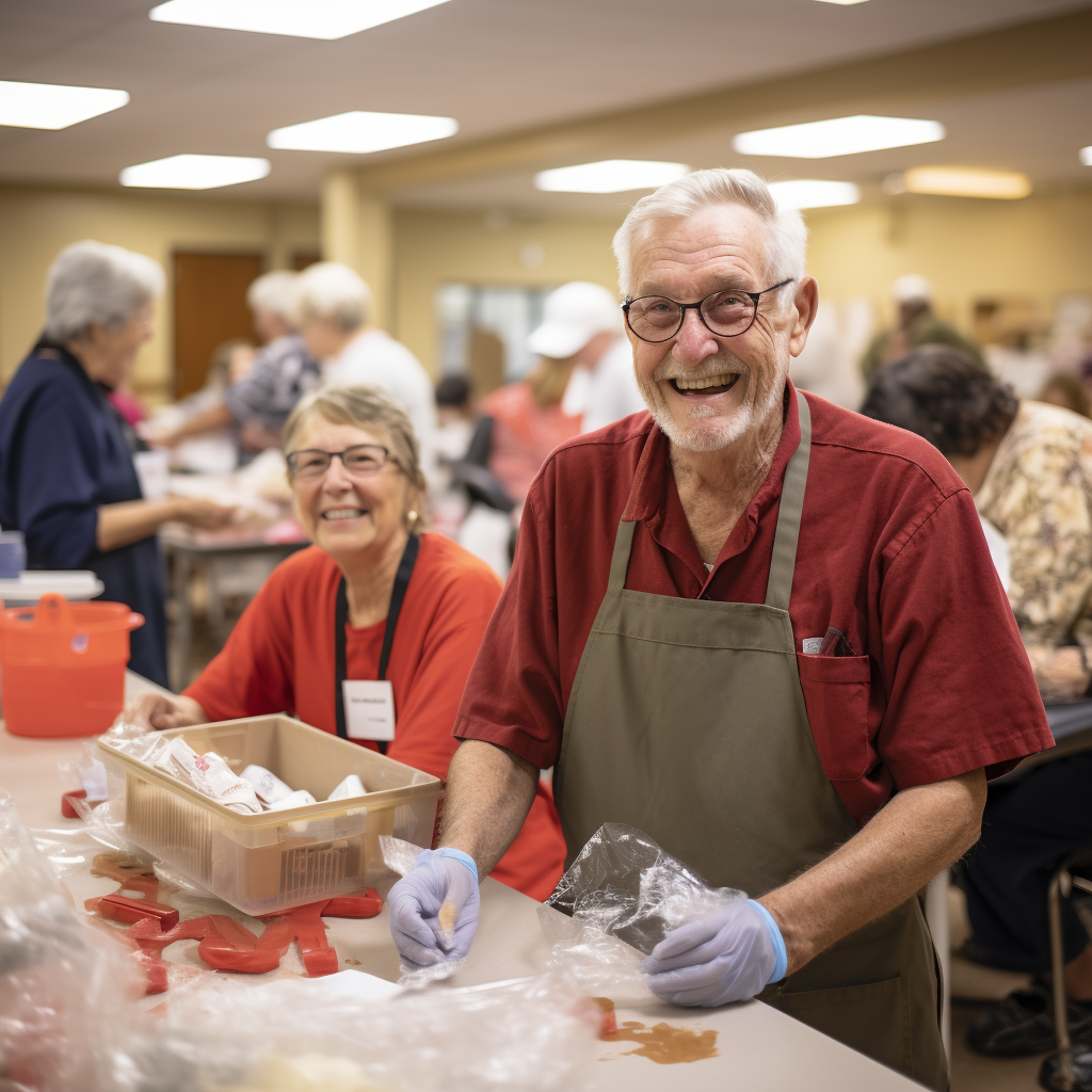 Older adults volunteering at a community kitchen, preparing meals and smiling, wearing aprons and gloves.