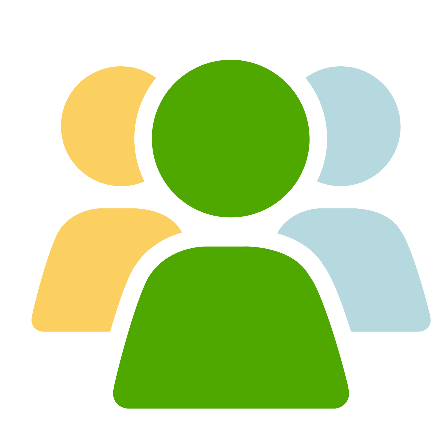 Icon depicting four abstract human figures with colored shapes representing people in yellow, green, and blue.