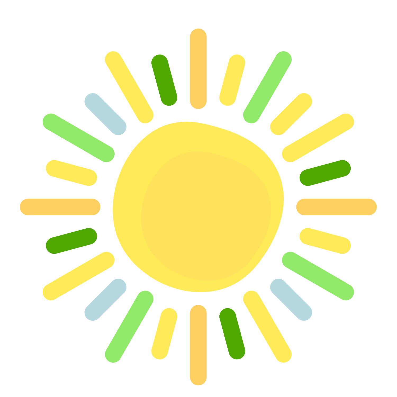 Illustration of a stylized sun with a yellow center and colorful rays in shades of yellow, green, blue, and orange.